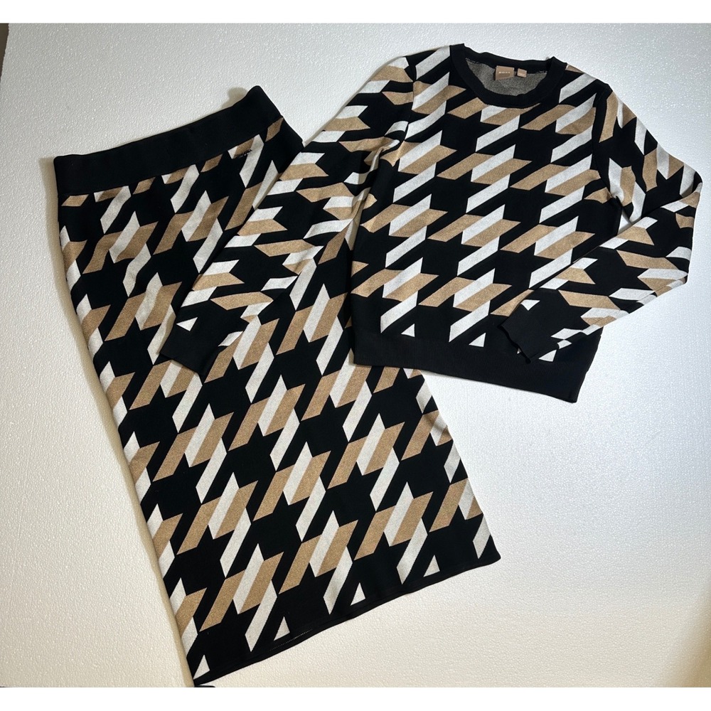 Vintage Hugo BOSS Womens Houndstooth Knit Sweater Skirt Set Black Tan‎ White L